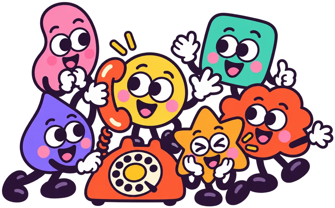 Les six mascottes Mooviko autour d'un téléphone rétro